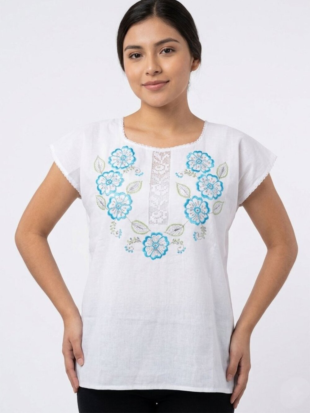Vintage Mexico Huipil Blouse Floral Embroidered Boho Top White Blue Green S/M
